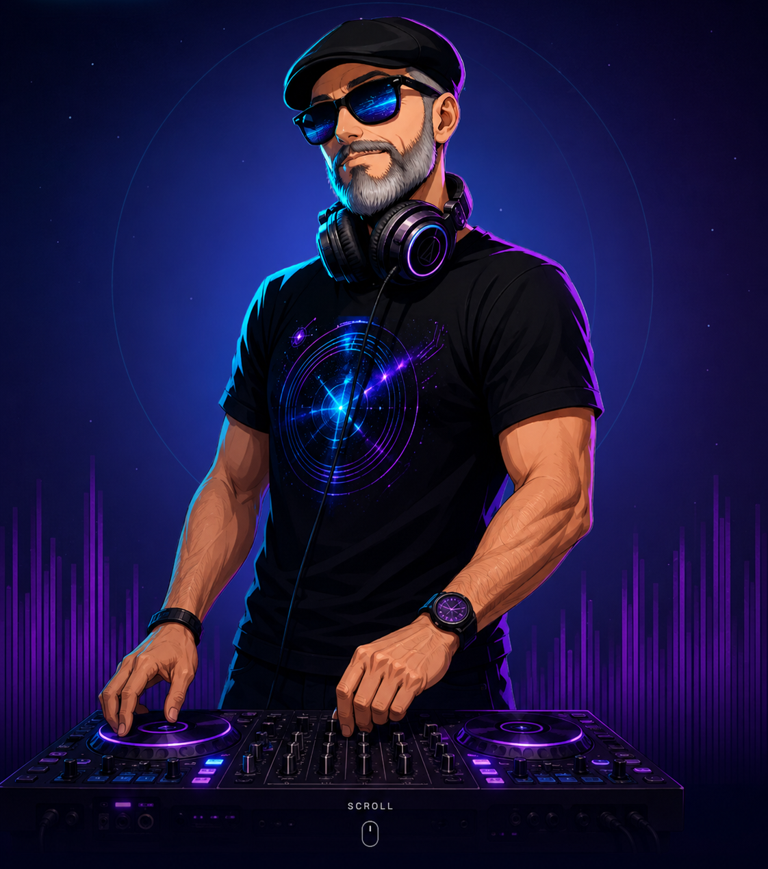 Anime-style illustration of Naskajj, electronic music producer and DJ, in a flat cap, neon sunglasses and headphones mixing on a DJ controller