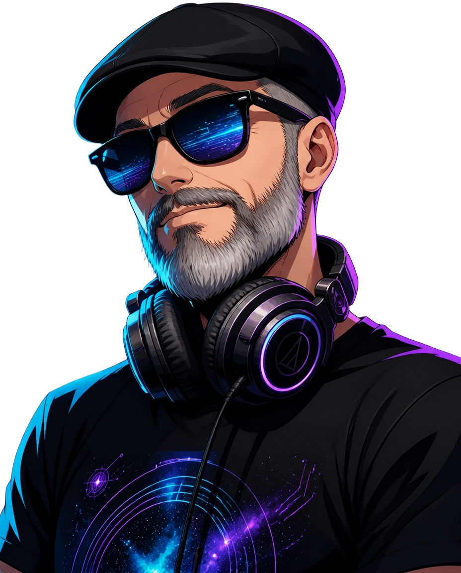 Anime-style portrait of NASKAJJ wearing a flat cap, neon-lit sunglasses and studio headphones